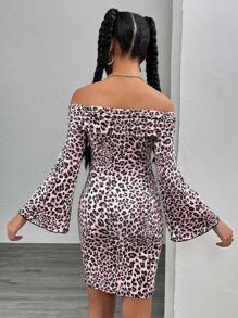 Teen Girl Leopard Print Off Shoulder Flare Sleeve Bodycon Mini Dress - Hot Pink - View 2