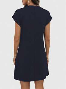 INAWLY 埃菲尔铁塔图案圆领短袖女式连衣裙 - 藏蓝色 - 查看 2