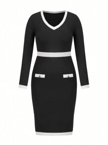 SHEIN Clasi Plus Size Women Colorblock Knit Long Sleeve Dress - Black and White - View 1