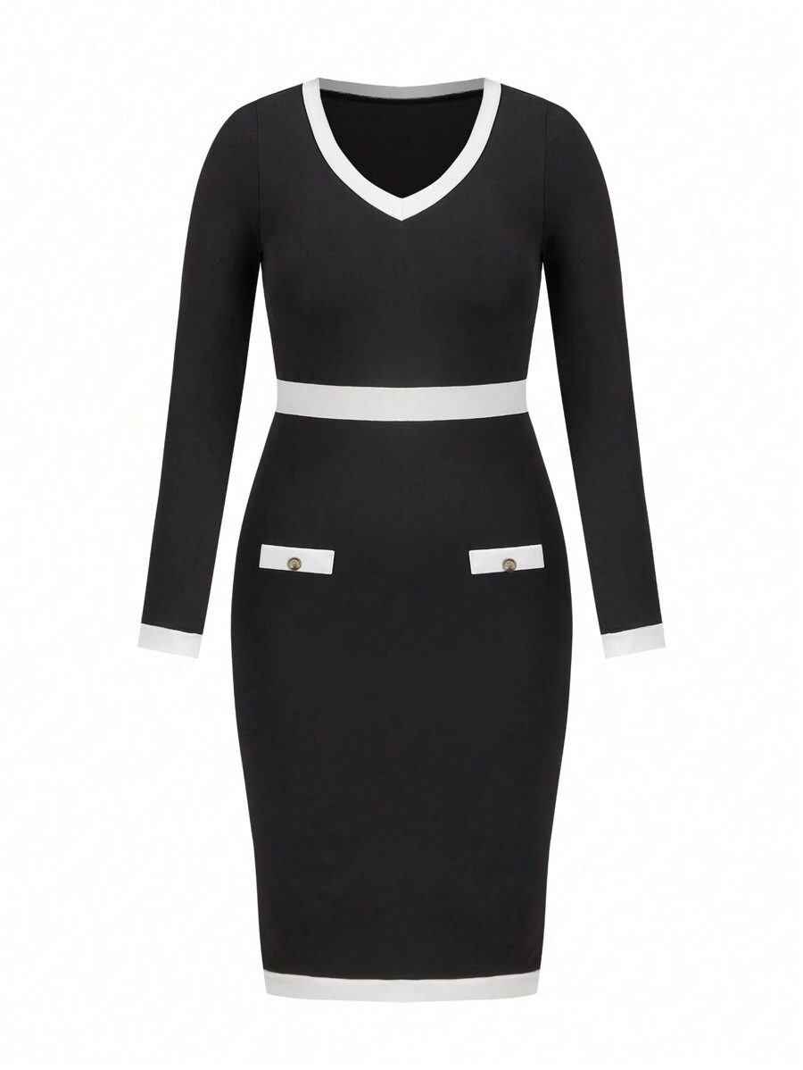 SHEIN Clasi Plus Size Women Colorblock Knit Long Sleeve Dress - Black and White - View 1