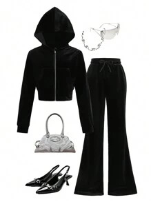 SHEIN Tween Girls Casual & Elegant Zwart Fluwelen Strass Versierde Capuchon Rits Top En Zak Broek Casual Sport Pak 2-delige Set, Geschikt Voor Dagelijkse Herfst Winterkleding, Terug Naar School, Casual Gelegenheden