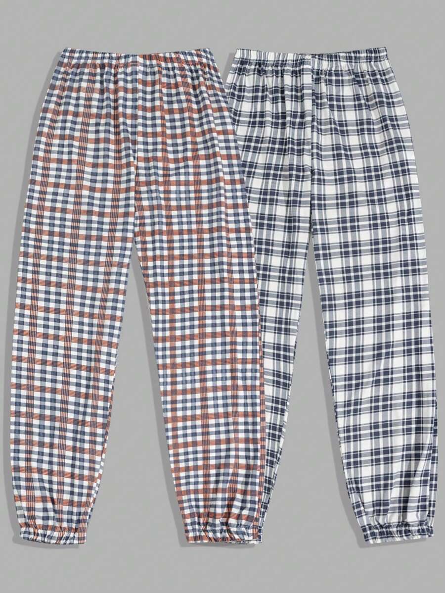 RueChic Men Plaid Printed 2pcs Pack Regular Homewear Bottom Pants - Multicolor - View 1