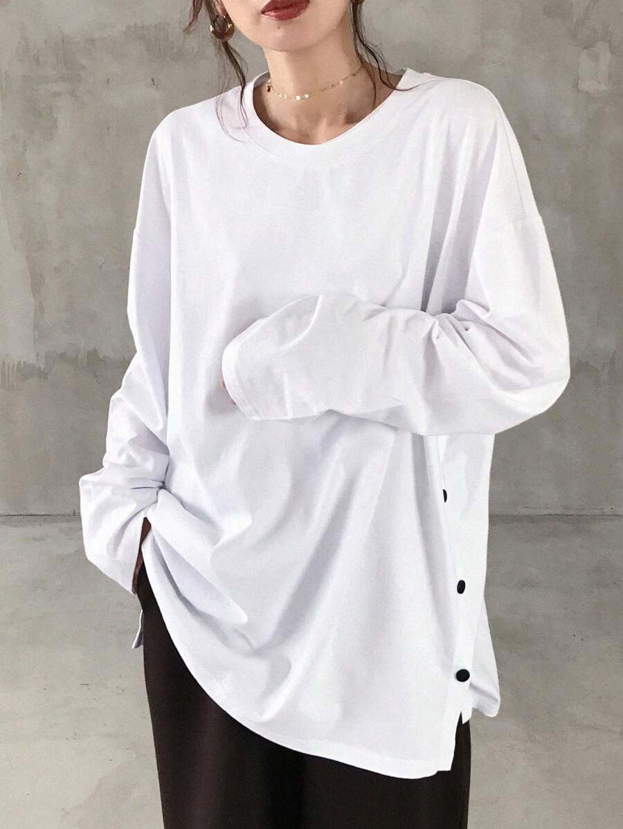 FRIFUL Women Round Neck Button Decor Slit Loose T-Shirt Long Sleeve Women Tops,Fall Women Clothes - White - View 1