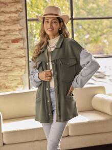 LanaWest Jachetă Casual Color Block pentru Toamnă - Verde Armată - Vizualizare 1