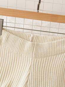 SHEIN LUNE Plus Size Women Casual Front Slit Ribbed Knit Pants - Beige - View 3