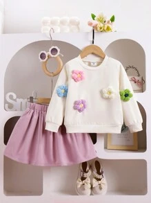 2pcs/Set Young Girl Autumn Casual Energetic Pattern Hoodie And Pleated Skirt, Pink Floral Sweatshirt With Cute Skirt, Sweet And Active Outfit For Outdoor Activities - Pink - View 3