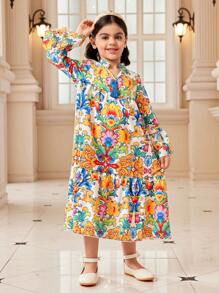 年轻女孩 Kaftan Jalabiya 束腰连衣裙，斋月和国庆节庆祝斋月传统服装，花卉波西米亚瓷器印花连衣裙，优雅时尚 - 彩色 - 查看 3