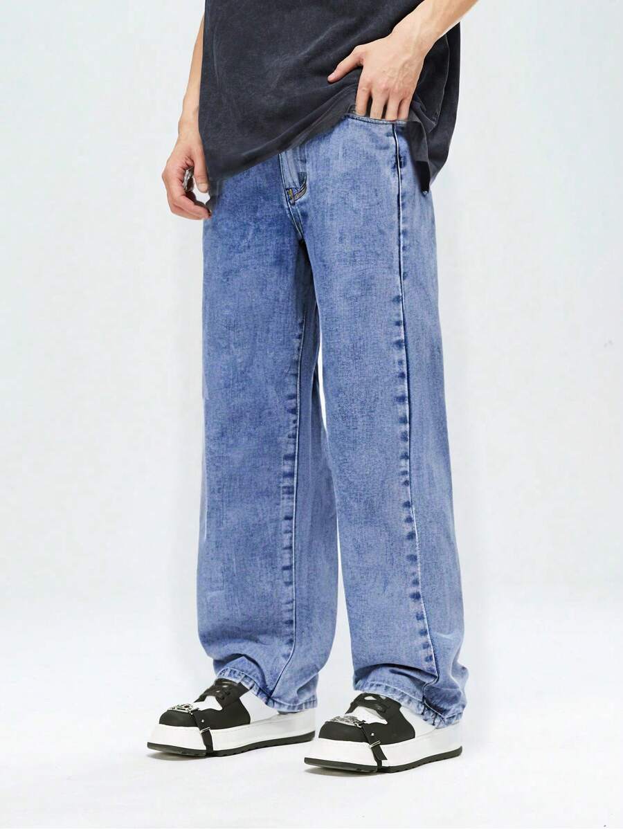 Quần Jeans Ống Thẳng Rộng Cổ Điển Phai Màu Sáng Cho Bé Trai Tuổi Teen - Rửa trung bình - Xem 1