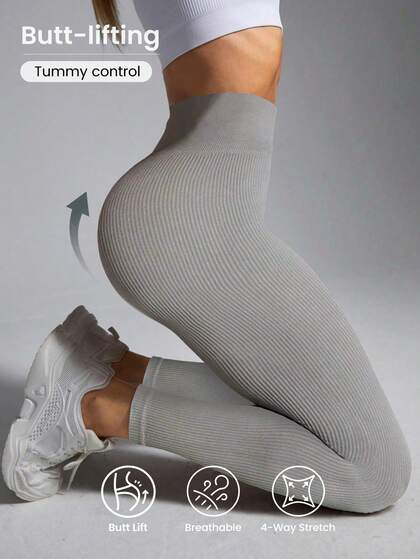 Easithlete Leggings côtelés taille haute sans couture unicolore pour femmes, pantalon de yoga