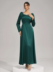 SHEIN Belle New Elegant Solid Color Beaded Decor Long Sleeve Waist Cinching Slim Fit Dress Luxury Evening Gown, Sequin And Pearl Cuff Design, Elegant Party Dress For Ladies, Long Sleeve Formal Dress, For Wedding Guest, Graduation, Dinner, Prom Dress