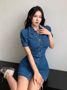 SHEIN EZwear Women's Denim Bodycon Mini Dress, Short Sleeve, Casual, Blue - Blue - View 3