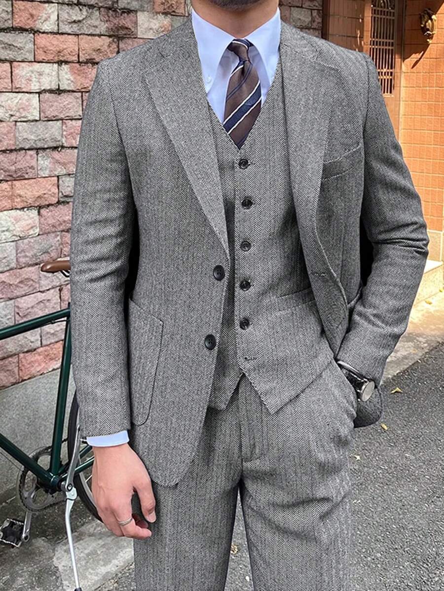 Manfinity Bizformal 男士休闲人字纹西装套装，秋季