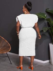 Slaydiva 2pcs/Set Plus Size Women 2025 Casual White Basic Daily & Party Elegant Relaxed Blouse Top With Bubble Textured Fabric & Fitted Skirt - White - View 2