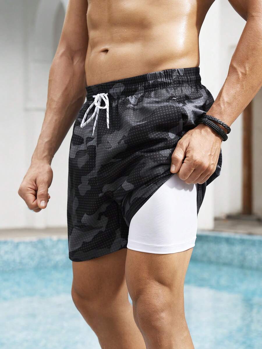 Surfspeed Men's Camouflage Print Drawstring Waist Casual Beach Shorts - Black - View 1