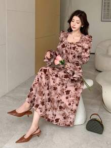 DAZY 情人节玫瑰印花泡泡袖方领中长款连衣裙女士碎花秋季连衣裙长袖连衣裙