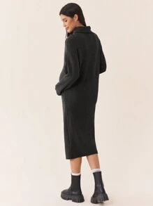 SHEIN 婴儿洗礼秋冬孕妇装，高领落肩袖，孕妇紧身针织连衣裙 - 黑色 - 查看 6