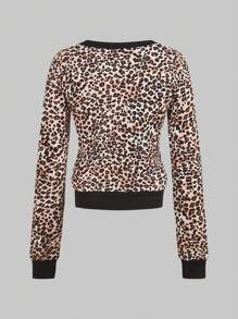 Jouncy Women's Leopard Print Long Sleeve Single Breasted Fashionable T-Shirt, Autumn Graphic Cheetah Print Tees Women Tops For Spring Fall Cloth For Women - Brown - View 10