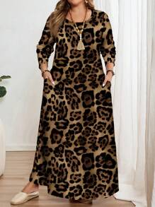 EMERY ROSE Plus Size Casual Leopard Print Long Sleeve Crew Neck Dress, Suitable For  Chic Dress, Fall - Multicolor - View 2