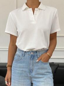 Livesso 女士休闲百搭纯色短袖 Polo 领宽松 T 恤夏季，商务休闲女装 - 白色 - 查看 2