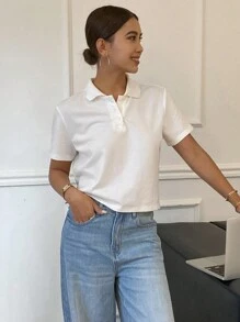 Livesso 女士休闲百搭纯色短袖 Polo 领宽松 T 恤夏季，商务休闲女装 - 白色 - 查看 6