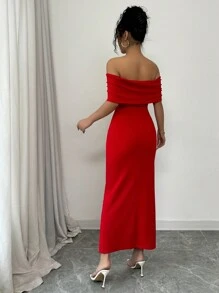 Rafferiza Váy bó sát trễ vai đính ngọc trai kiểu Pháp thanh lịch màu đỏ, mặc hàng ngày & dự tiệc, váy cocktail mini thu/đông - Đỏ - Xem 2