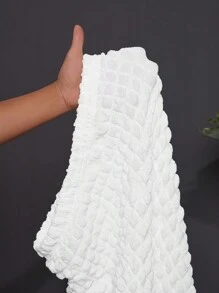 Slaydiva 2pcs/Set Plus Size Women 2025 Casual White Basic Daily & Party Elegant Relaxed Blouse Top With Bubble Textured Fabric & Fitted Skirt - White - View 9