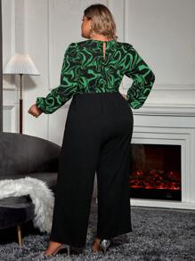 SHEIN Clasi 大码女式大理石印花灯笼袖口袋阔腿连体裤