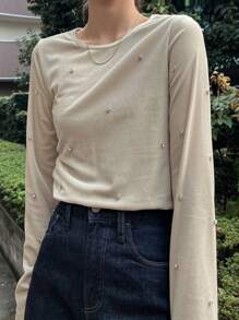 FRIFUL 女士休闲圆领串珠长袖T恤，秋季女装