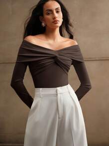 Anewsta 1pc Women's Sexy Off Shoulder Long Sleeve Twisted Bodysuit - Brown - View 8