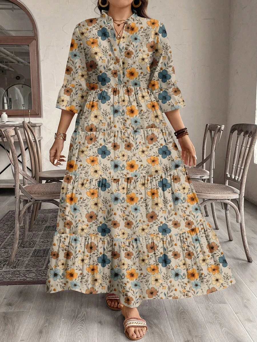 SHEIN LUNE Casual Retro Floral Pattern Elegant Plus Size Dress - Apricot - View 1