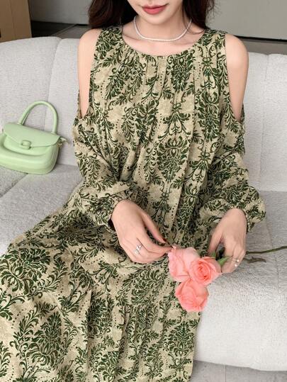 DAZY فستان نسائي طويل فضفاض ذو الكتف المفتوح مطبوع...