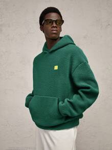 AKNOTIC Business Casual Men's Knitted Fuzzy Relaxed Fit Drop Shoulder Casual Pullover Sweatshirt Sweatshirt, Green With Contrast Color Letter Graphic, For Fall Winter - Dark Green - View 5
