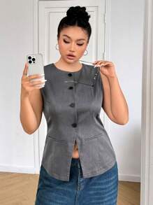 SHEIN EZwear 大码灰色无袖纽扣前背心外套 - 深灰色 - 查看 6