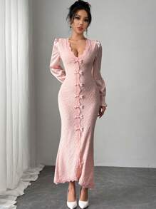 Rafferiza Vestido ajustado de manga larga con cuello en V, decorado con encaje rosa, parches, mariposa y perlas falsas, romántico para una cita/Día de San Valentín - Rosa - Ver 4