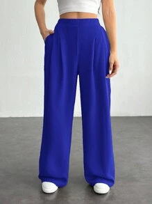 SHEIN PETITE Women's Solid Color Simple Daily Basic Pants ,Petite Women - Royal Blue - View 5