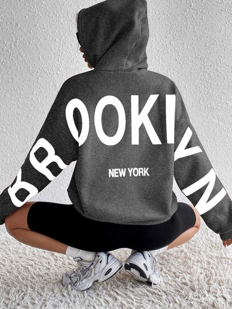 SHEIN Unity Casual Letter Print Hoodie, Autumn/Winter - Dark Grey - View 1