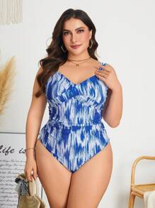 SHEIN Swim Lushore Đồ bơi một mảnh in họa tiết chéo nhiều màu nhuộm loang cỡ lớn cho nữ, thích hợp mặc hàng ngày, kỳ nghỉ hè, bãi biển, hồ bơi - Nhiều màu - Xem 4