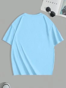 Claim Dot Men's Casual Solid Color Letter Embossed Short Sleeve T-Shirt Blue T Shirt, Chicago Shirt, Baby Blue T Shirt, Baby Blue Graphic Tee Men, Light Blue Graphic Tees, Sky Blue Graphic Tee - Baby Blue - View 2