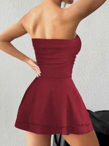 Flirla Petite Leopard Print Sexy Strapless Short Layered Cake Dress - Burgundy - View 2