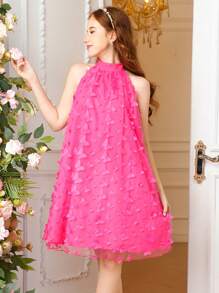 Teenagers' Halterneck Loose Butterfly Mesh Halter Neck Sleeveless Dress - Rose Red - View 4