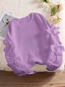 SHEIN Frenchy Plus Size Crew Neck Long Sleeve Sweater With Hollow Out Bowknot Decor, Cute Fairy Style, Loose Fit, Apricot Knitted In Fall/Winter