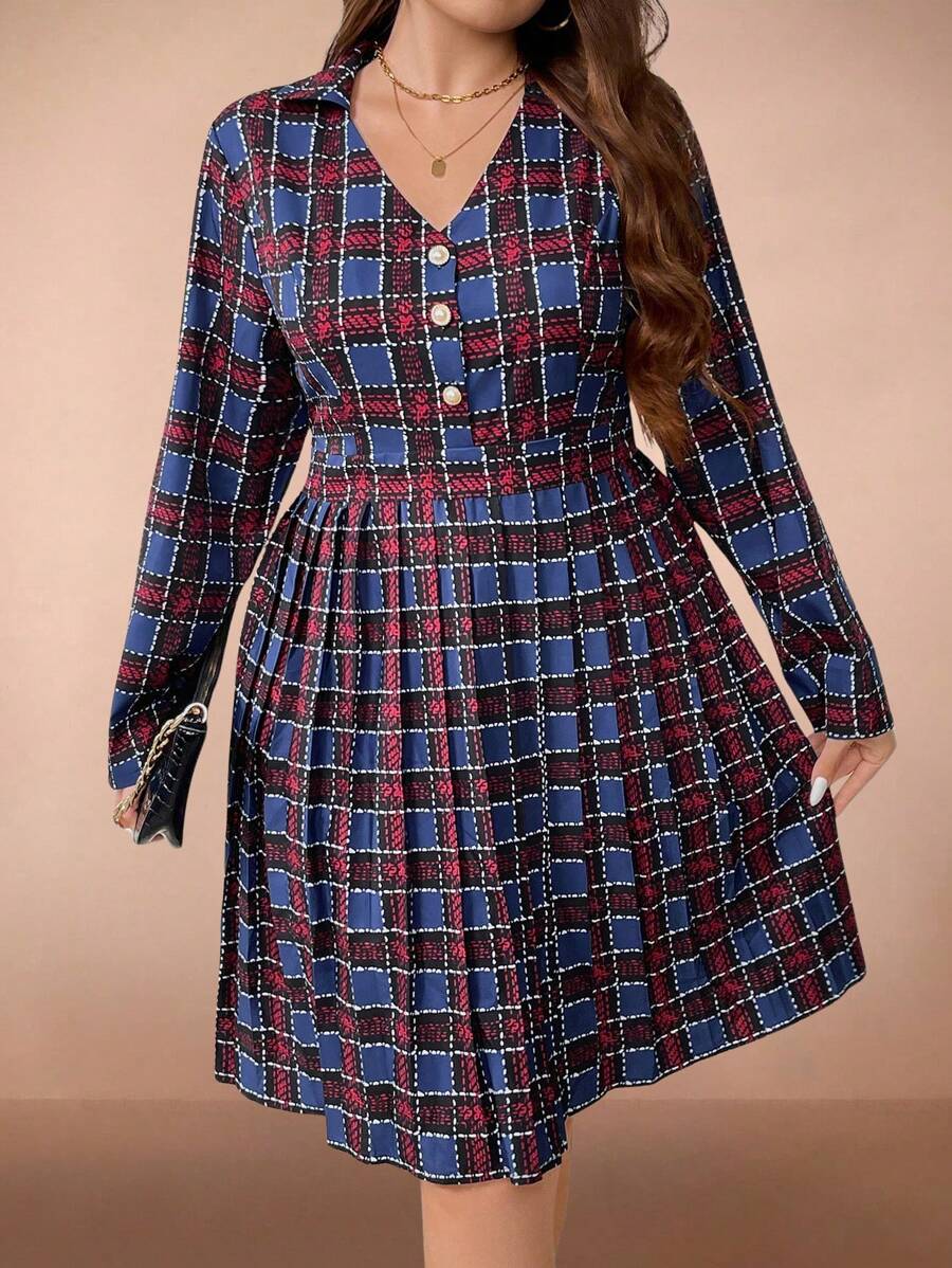 SHEIN Clasi Vestido casual con pliegues de tela escocesa de talla grande, para otoño - Multicolor - Ver 1