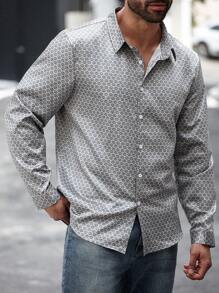 Manfinity Homme Plus Size Men Geometric Print Long Sleeve Single-Breasted Casual Shirt, Autumn - Grey - View 4