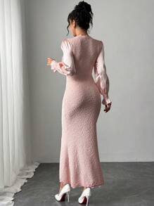 Rafferiza Vestido ajustado de manga larga con cuello en V, decorado con encaje rosa, parches, mariposa y perlas falsas, romántico para una cita/Día de San Valentín - Rosa - Ver 2