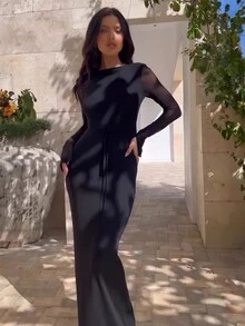 Women's Solid Color Mesh Patchwork Long Sleeve Slim Fit Dress - Black - View 3