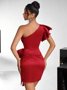 Glamrae Elegant Asymmetric Ruffle Side Bow Split Hem Bodycon Red Dress, Suitable For Dates, Parties, Cocktail, Weddings And Events, Wedding Guest Dress, Party Dress - Red - View 2