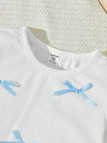 SHEIN Tricou din tricot larg pentru fete, franceză, elegantă, cu decor alb cu fundă, toamnă/iarnă - alb - Vizualizare 5