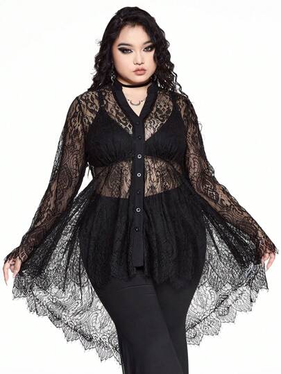 Plus Size Casual Gothic Lace Semi-Sheer Loose V-Neck Blouse