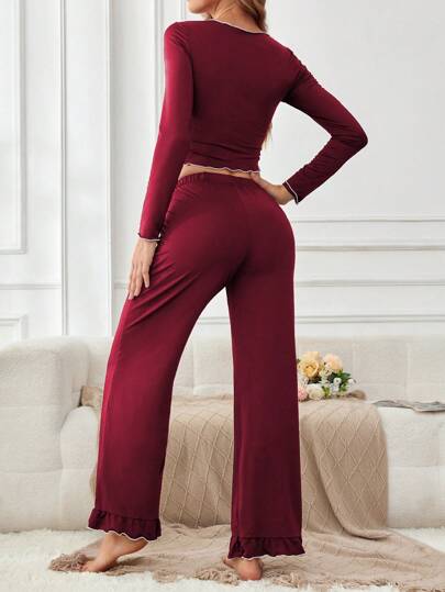 Contrast Long Sleeve Top Pants Pajama Set, Fall Clothes view 2