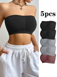 Women Solid Color Pleated Bandeau Bra Set Of 5 - Multicolor - View 7